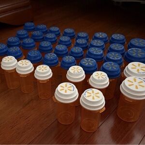 Lot of 40 Empty Pill Rx Bottles Plastic Amber Storage Child Proof Lids